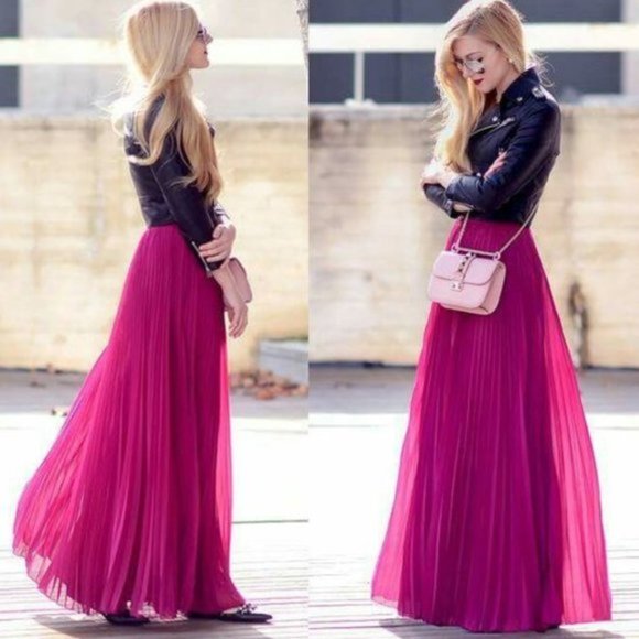 💋STUNNING!💋 Pleated Chiffon Maxi  Skirt in Hot Pink - Picture 1 of 7
